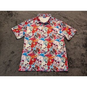 Hreski Polo Shirt Mens M Abstract Skulls Dragons Roses Flowers Golf Performance